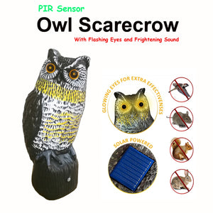 Solar Powered Bird Repellent Owl Scarecrow with Flashing Eyes and Frightening Sound -PIR Activated Garden Animal Pest Repeller