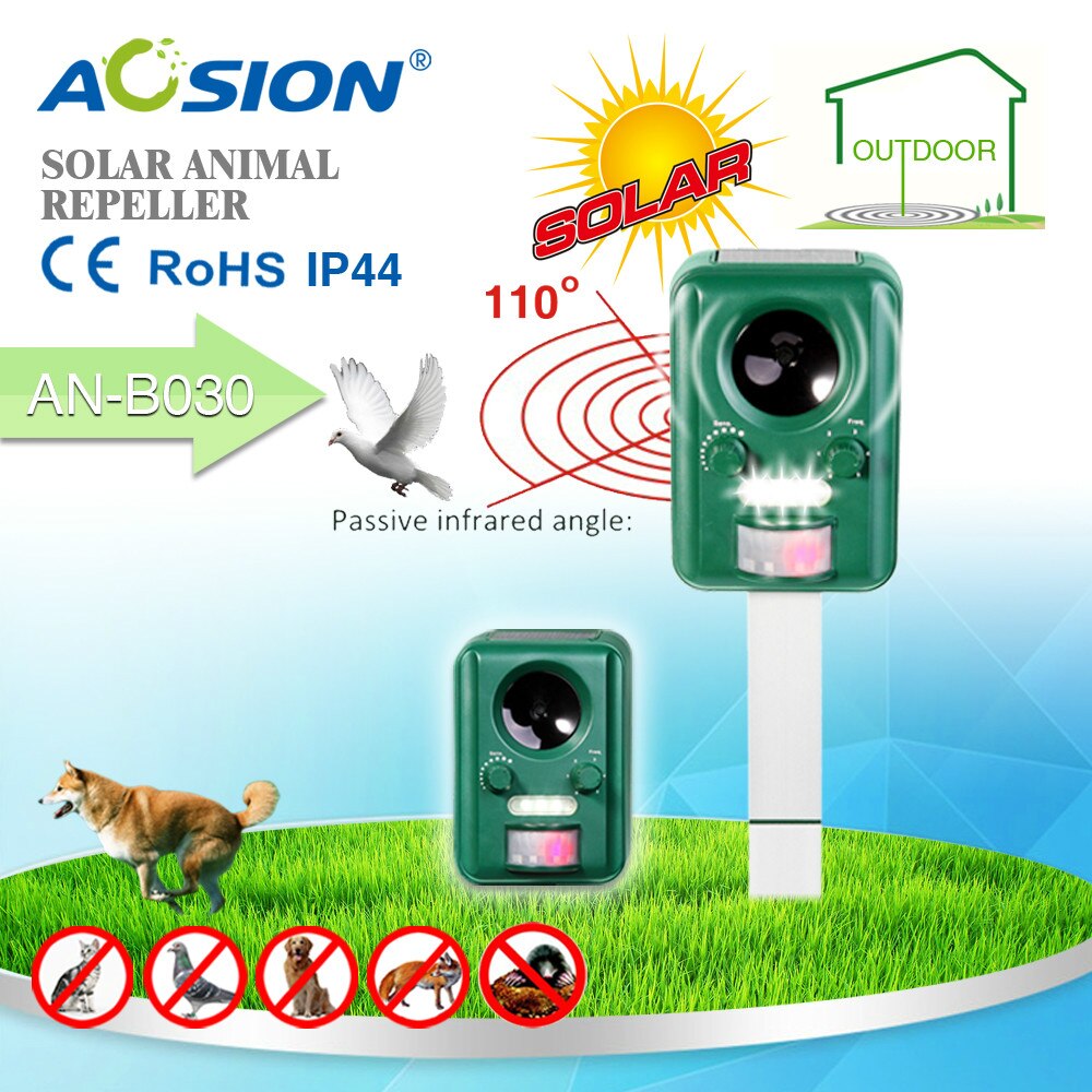 2X Free Shipping Solar ultrasonic animal repeller Bats Birds Dogs Cats Repeller Repellent PIR and LED flashing frighten animals